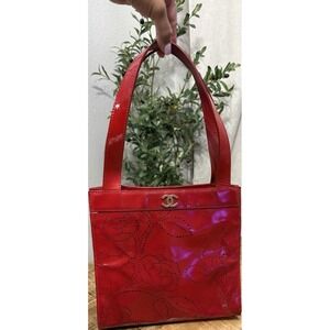 Authentic CHANEL Small Red Patent Leather Camellia Perforated Tote